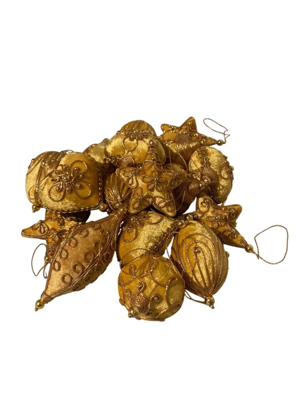 Victorian Style Gold Velvet Beaded And Adorned Christmas Ornaments Set Of 17